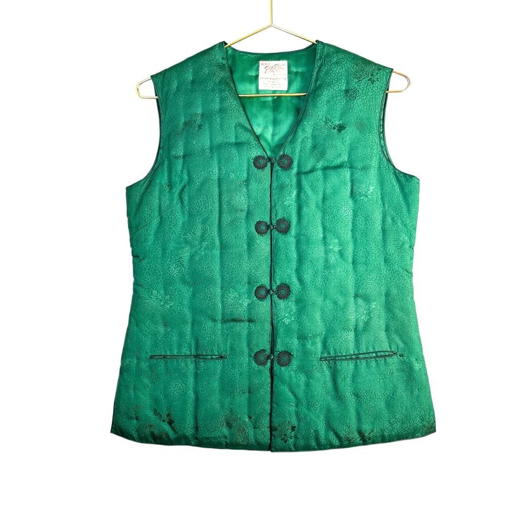 Vintage Plum Blossom Green Brocade Frog Vest Medium 90s Quilted Coachella